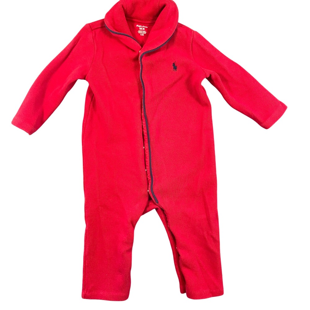 Ralph Lauren Baby Boy Red Ribbed Shawl Collar Coverall One Piece 12M Pony Logo